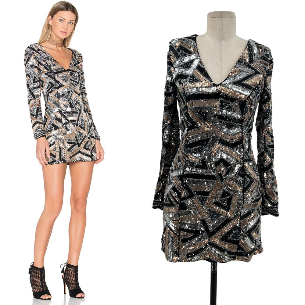 X by NBD Gloria Dress Sequin Mini Bodycon Long Sleeve Silver Black Size 0